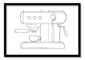 Black and white line drawing of an espresso machine with a cup ready for brewing coffee in a kitchen or cafe setting.