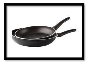 Two empty black frying pans with non-stick coating on transparent background