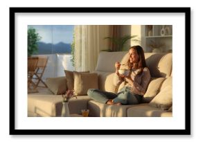 Happy woman at home at sunrise eating cereals