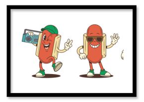 Cartoon hotdog mascots in confident and playful poses with sunglasses, boombox, and peace sign. Perfect for food branding, retro-themed marketing, and youth design. Vector illustration.