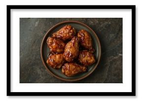 Glazed chicken wings with honey and soy sauce served on a dish against a dark stone surface. Overhead shot, flat lay, close-up