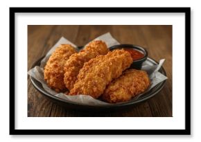 Crispy chicken fingers laid out on a surface