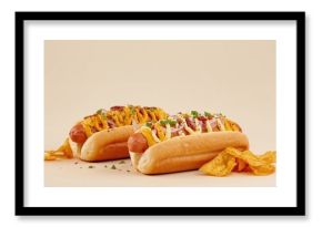 Tasty and easy hot dogs topped with mustard, peppers, onions, and crispy nachos