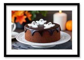 Delightful chocolate cake adorned with playful ghosts perfect for a festive autumn gathering