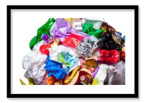 Close up of garbage pile with colorful plastic and food waste. Concept of pollution recycling overconsumption and environmental sustainability issues. Transparent background