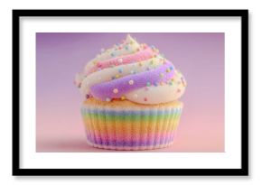 A cupcake with rainbow sprinkles on top. The sprinkles are in different colors and are scattered all over the cupcake
