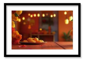 Laddu Dessert on Plate With Floral Garland Decorations for Diwali Celebration.