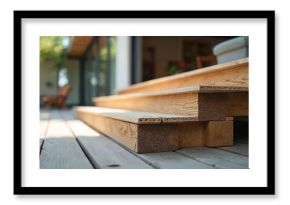 Wooden deck steps construction detail, featuring planks and support beams. Patio area with blurred interior background. Natural wood grain, building material for home improvement projects.
