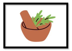 Mortar and pestle with rosemary herb. Grinding herbal spice, seasoning with pistil. Natural aromatic condiment, flavoring, cooking ingredient. Flat vector illustration isolated on white background