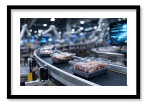 Automated conveyor belt carrying rows of plastic boxes with meat portions through a refrigerated production line, robotic arms sorting containers, futuristic industrial atmosphere