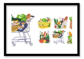 Shopping carts, paper bags, plastic and metal baskets from grocery store. Trolleys full of food products, purchases, vegetables, bread, fruits. Flat vector illustrations isolated on white background