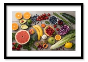 Colorful assortment of fresh fruits and vegetables including oranges, tomatoes, peppers, bananas, broccoli, and carrots arranged in a vibrant display. 