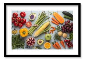 Colorful assortment of fresh fruits and vegetables including oranges, tomatoes, peppers, bananas, broccoli, and carrots arranged in a vibrant display. 
