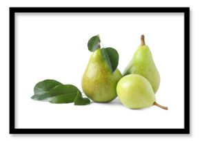 Fresh ripe pears with green leaves isolated on white
