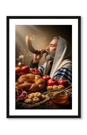 Bearded man blowing curved shofar horn for Jewish New Year Rosh Hashanah. Traditional festive table with round challah, red apples, sweet honey, pomegranates for holiday blessings.