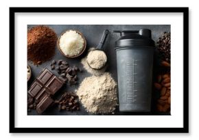 A protein shaker bottle surrounded by various protein powders and almonds on a marble surface