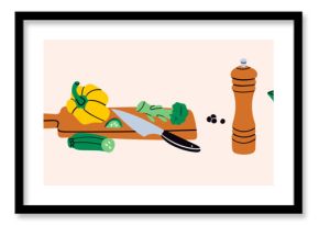 Brown mushrooms, cutting board with seasonal vegetables, pepper grinder, lemon, mint leaves. Delicious vegetarian food concept. Hand drawn modern Vector illustration. Isolated design elements