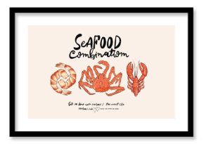 Lobster, crab and shrimp fish artwork for t shirt print, poster, sticker and other uses.