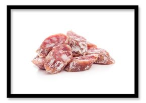 Sliced fuet sausage with mold isolated on white background.