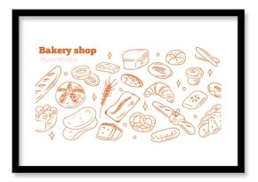 Hand drawn bakery and pastry set. Vector collections of bread, buns, croissant and other types of baked food. Sketch doodle style ink illustration. 