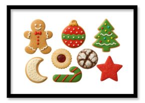 Christmas holiday cookies set, various festive gingerbread shapes and decorated biscuits celebrating the winter season
