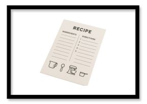 Blank recipe card with ingredient and direction fields, minimal line icons, isolated graphic style on white background, concept of clean food template. Ai generative