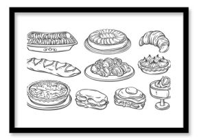 French cuisine line icons set. Outline hand drawn baguette and croissant, hot sandwiches with cheese for breakfast, apple and lemon cream tart. French food mascots, icon collection vector illustration