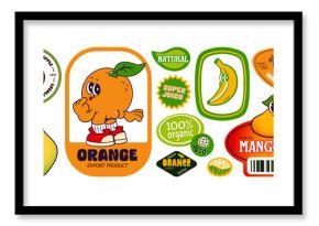 Retro fruit sticker set with cartoon orange and banana, mango and pear characters for organic food branding. Vintage labels with eco badges and smiling mascots. Colorful export product designs.