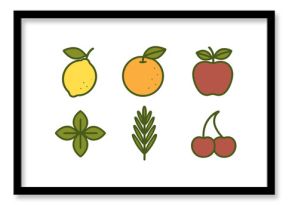 Stylized icons of common fruits and fresh herbs including lemon orange apple and cherry