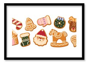 Gingerbread cookies set. Christmas ginger bread, winter holiday biscuits. Sweet Xmas food, festive dessert treat, bakery decorated with icing. Flat vector illustrations isolated on white background.