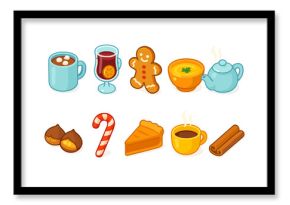 Winter beverages and treats icon set: cozy icons in a filled style for holiday joy