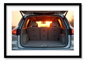 Car trunk open at sunset in a dry landscape. Vehicle is clean and empty, suggesting travel preparation or arrival. Sun shines warmly through rear window.