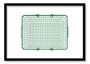 Green wire shopping basket from top view, supermarket grocery container for retail purchases, transparent background