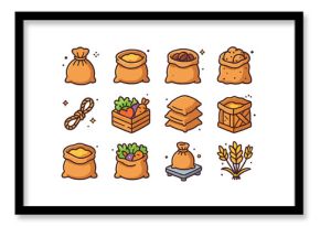 Colorful Burlap Sack Icons. Burlap sack. Colorful isometric vector icons set of burlap sack: tied burlap sack, grain bag, coffee bean sack, potato sack, wheat