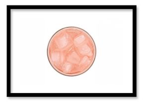Overhead perspective of a pink soda beverage with ice cubes in a glass, isolated on a white backdrop with clipping path.
