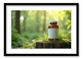 Pills in glass bottle with label on tree trunk in forest. Natural medicine concept. Herbal supplements, vitamins, organic remedy. Green forest background. Eco friendly health, therapy.