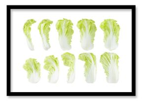 Set of fresh green chinese cabbage leaves from different sides, isolated on white background. Perfect as design element for organic food advertising, detox menu, fitness diet, design.