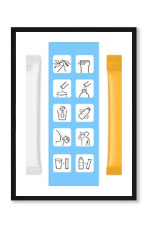 Stick packaging mockup with set icons. Vector illustration on colour background. Ready for use in presentation, promo, advertising and more. EPS10.