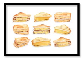 Yummy sandwiches with cheese isolated on white, set