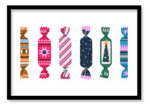 Christmas sweets set. Chocolate candies wrapped in holiday paper wrapper with star patterns, stripes, Xmas drawings. Sugar snack, confectionery. Flat vector illustration isolated on white background