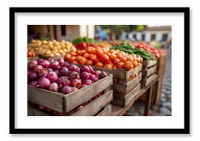 Traditional Mexican plaza with crates of peppers, onions, and tomatoes, economic prosperity in local trade, market vitality through fresh produce, agricultural abundance in cultura