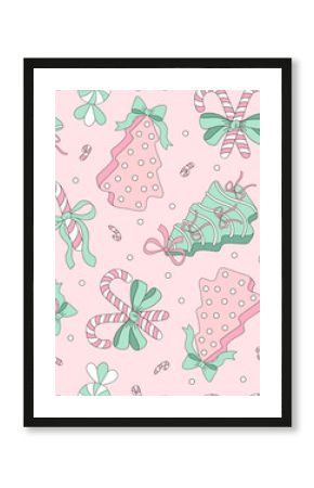Preppy Retro Coquette Merry Christmas Debbie Cake and Peppermint Candy Seamless Pattern. Pastel Christmas Background for Print and Fabric