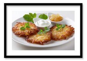 Crispy golden latkes served with applesauce and sour cream on white background.
