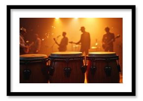 Close up view of conga drums on stage. Musicians play guitars and percussion in dimly lit atmosphere with warm spotlights, creating vibrant musical performance.