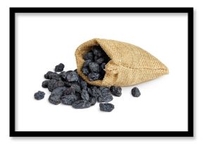 black raisins in bag isolated on white background
