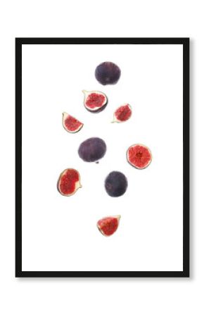 Flying fresh ripe figs on white background