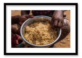 Horizontal photo of a silver bowl filled with rice, with childrenâ€™s hands reaching in, enjoying a sunny outdoor meal