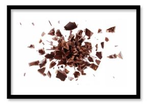 Fragments of broken chocolate pieces suspended against a white backdrop