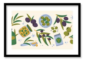 Olive stickers set in retro cartoon. Mediterranean food elements: olive oil bottles, branches with fruits, canned black and green olives. Illustration in funky, doodle style, trendy shapes