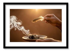 Person performing a smudging ritual with a burning sage stick and feather. Spiritual cleansing ceremony with white smoke for purification and healing. Mindfulness and wellness concept